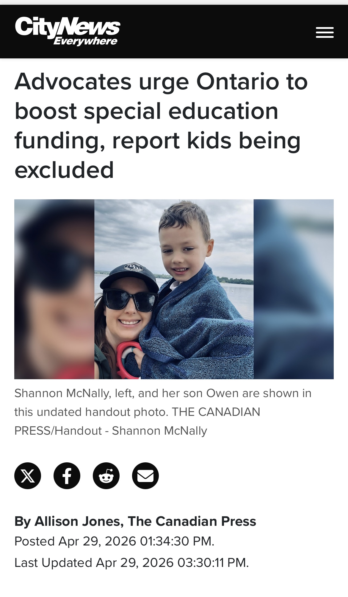 CityNews article about advocates urging Ontario to boost special education funding, featuring Shannon McNally and her son