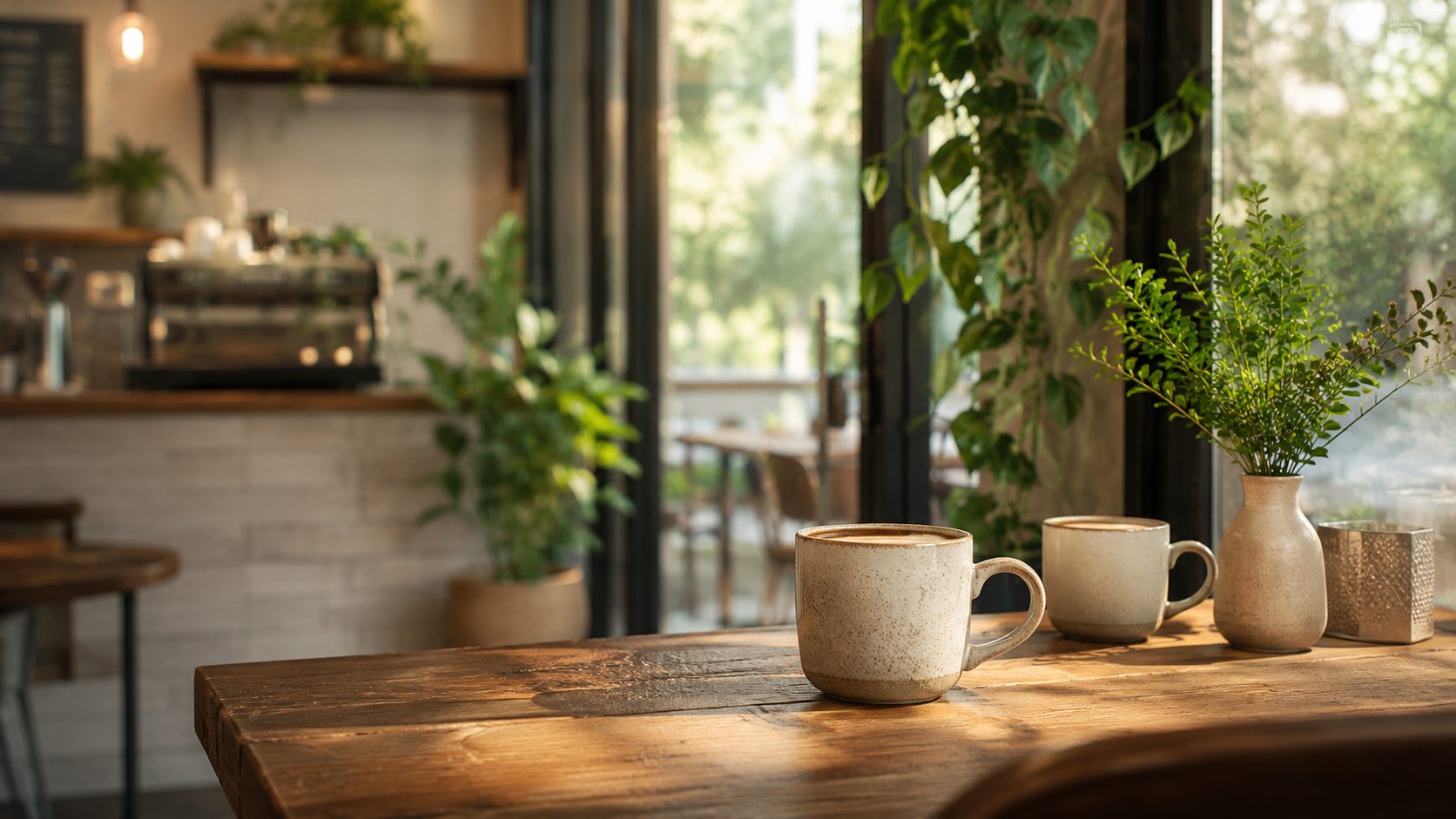 A warm cafe table with coffee, natural light, and greenery