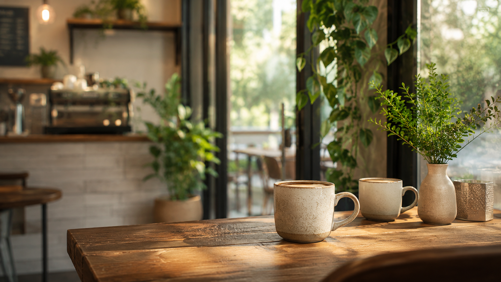 A warm cafe table with coffee, natural light, and greenery