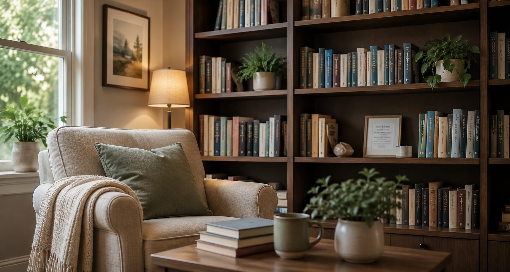 A warm reading chair beside bookshelves and plants