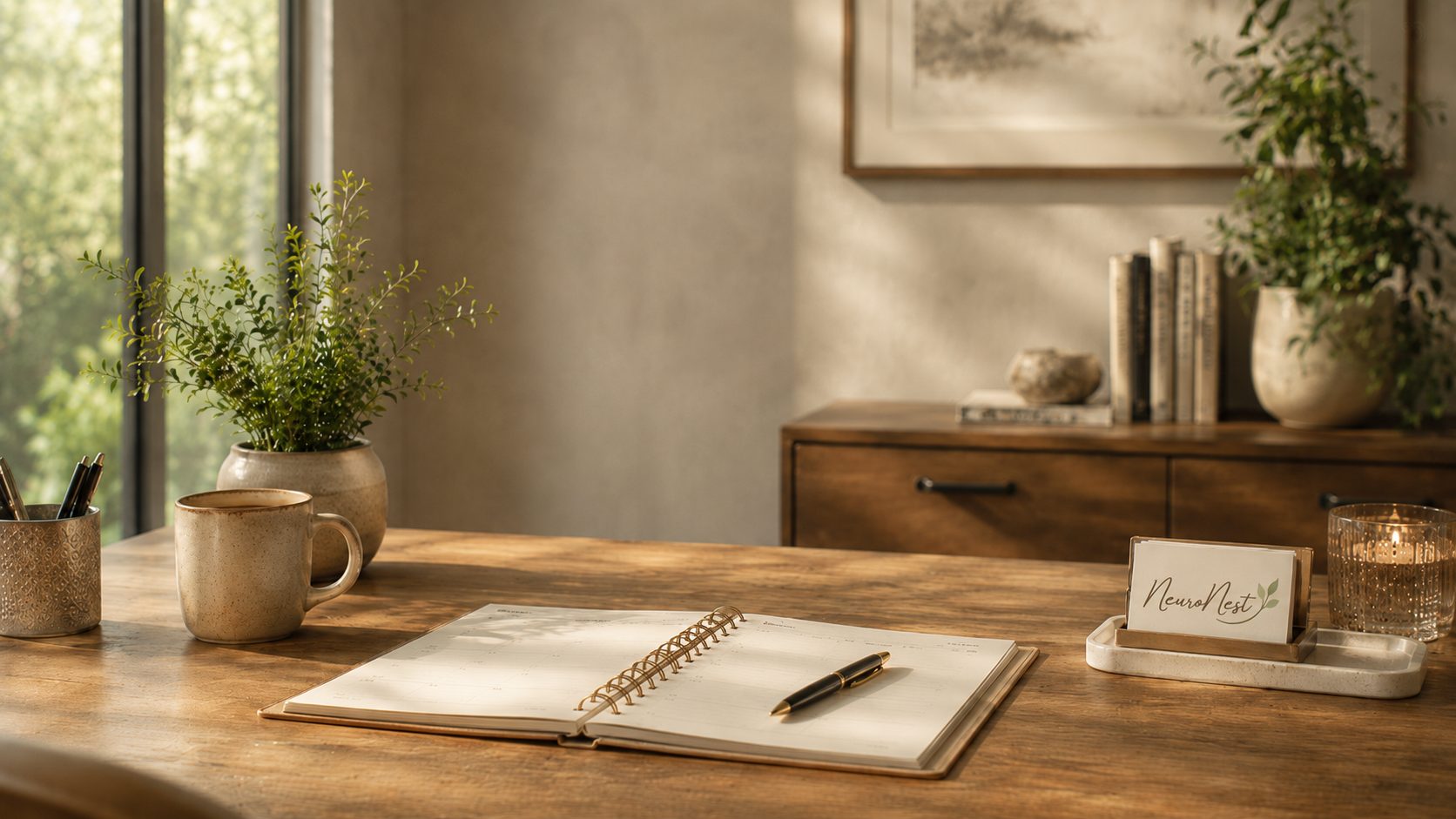 A warm therapy office desk with an open planner and a NeuroNest business card