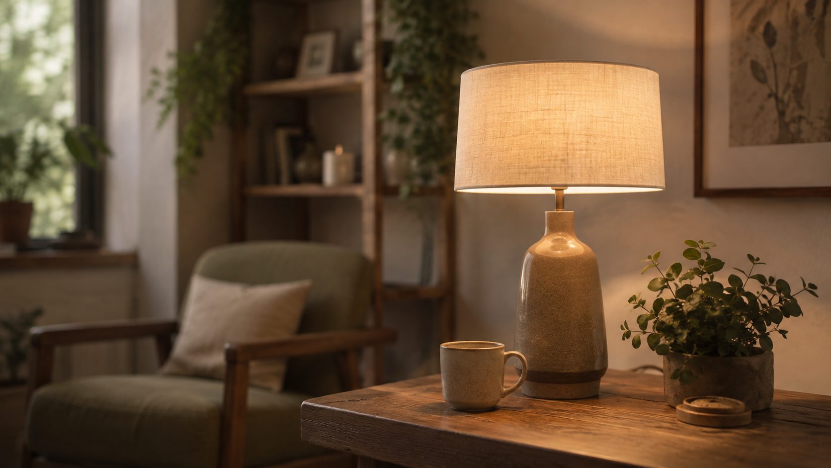 A warm therapy space with an armchair, table lamp, mug, and plant