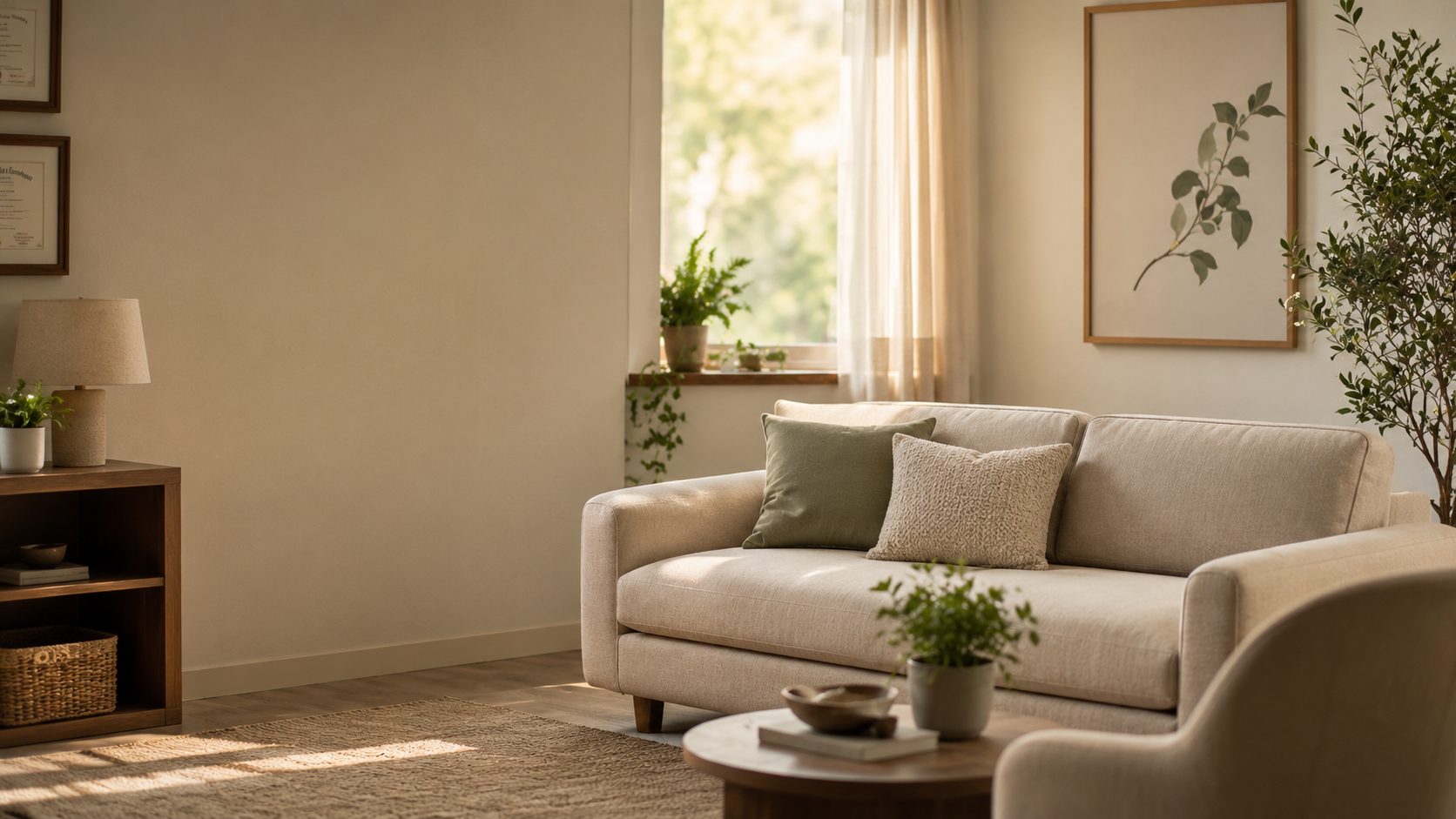 A calm, sunlit therapy room with a comfortable sofa and plants