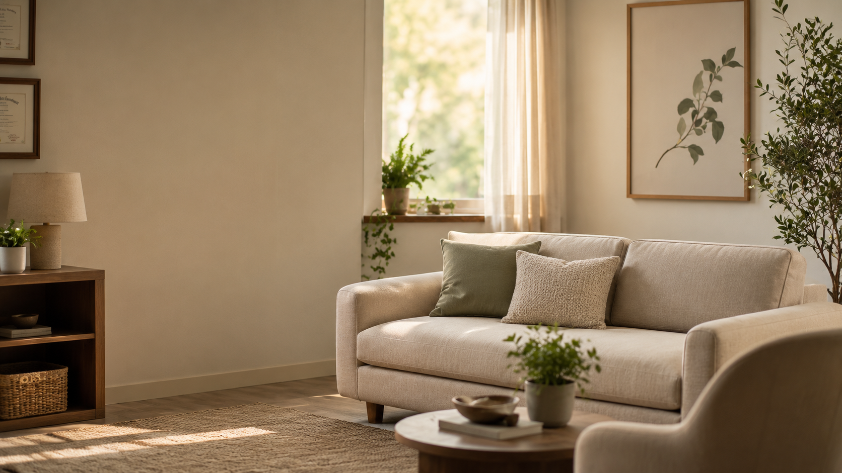 A calm, sunlit therapy room with a comfortable sofa and plants